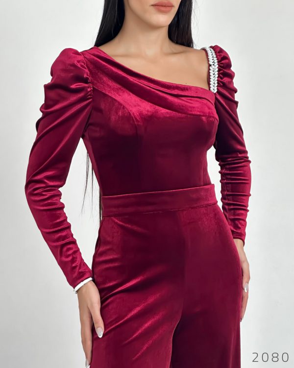 اورال مخمل یقه یک طرفه مروارید دوزی - Image 2