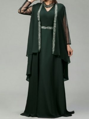 ماکسی عربی شنل دار کمر و حاشیه منجق دوزی