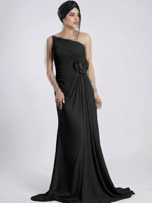 ماکسی کرپ حریر دکلته یکطرف گل کریستال