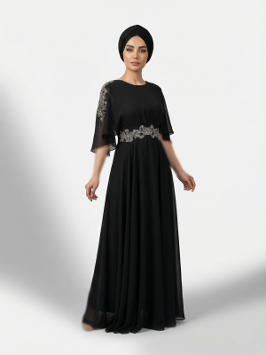 ماکسی سرشانه و کمر طرح ترمه سنگ و منجق دوزی