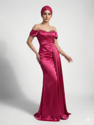 ماکسی ساتن یقه دلبری سنگدوزی یلان دار