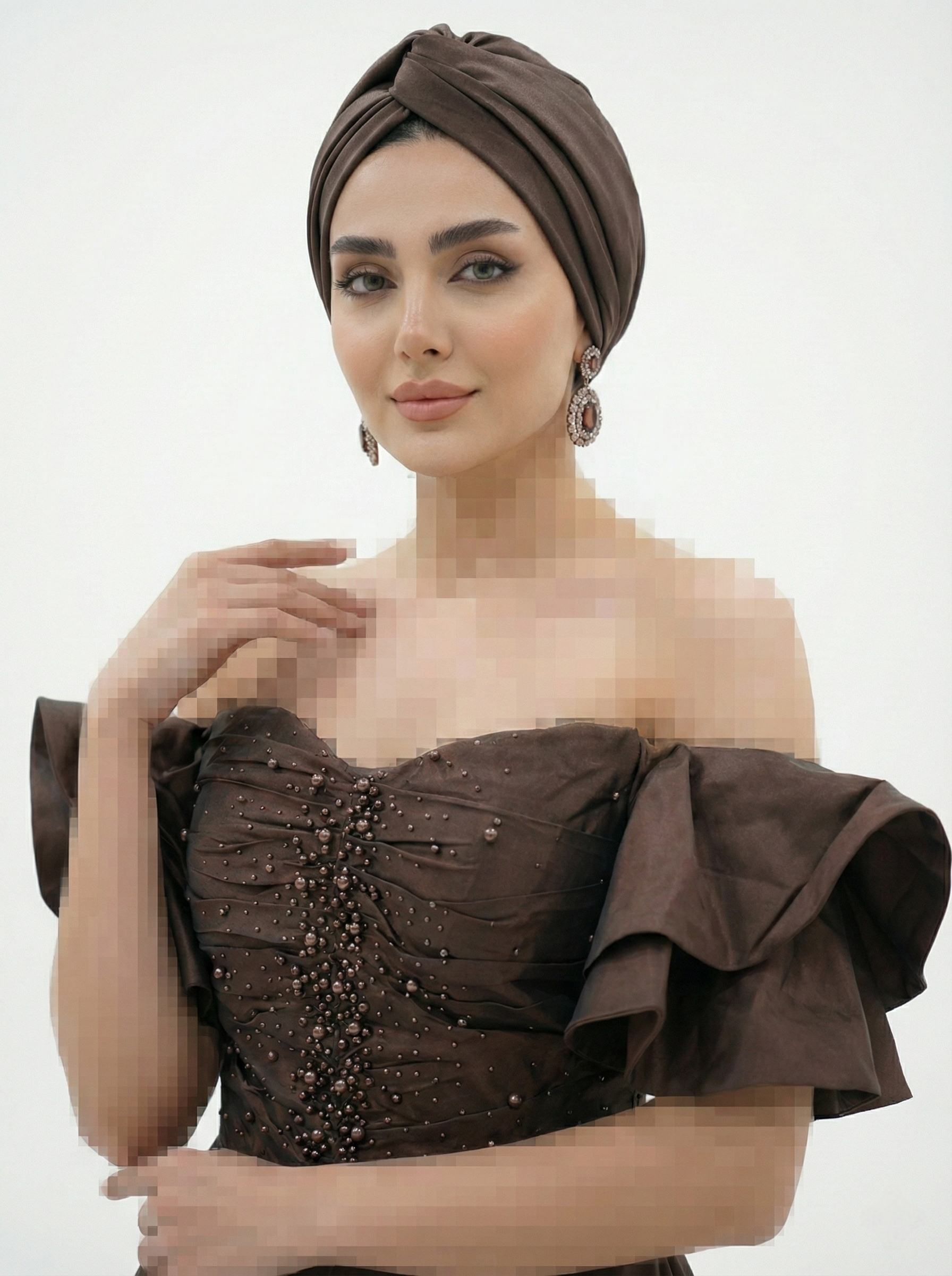 ماکسی ساتن تافته یقه قایقی آستین پف مهره دوزی - Image 8