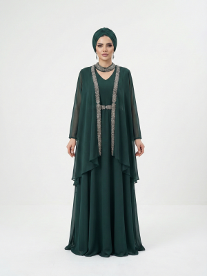 ماکسی عربی شنل دار کمر و حاشیه منجق دوزی